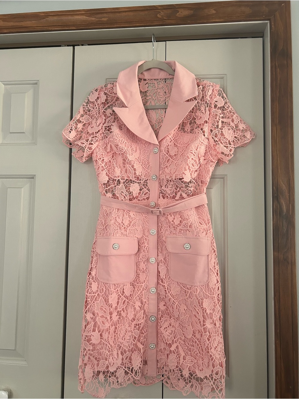 Pink Lace Belted Shirt Dress - Women's - Picture 1 of 8